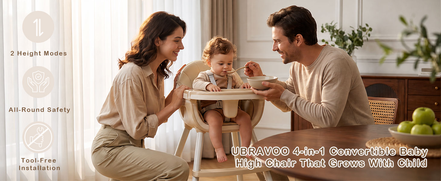 Text reads "Thought Starter", "Kid Powered Babies", "Exploration Toys". Family of three at wooden table with text overlay. Child interacting with colorful stacking toy.