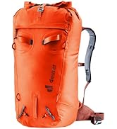Text reads "deuter". Yellow waterproof dry bag backpack with roll-top closure, gray mesh side pockets, and carry handles. Multiple attachment points visible.