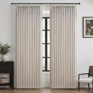 Greyish Beige Blackout Natural Linen Double Layer Heat Blocking Noise Cancelling Rustic Window Drapes for Kids Room Hook Ring