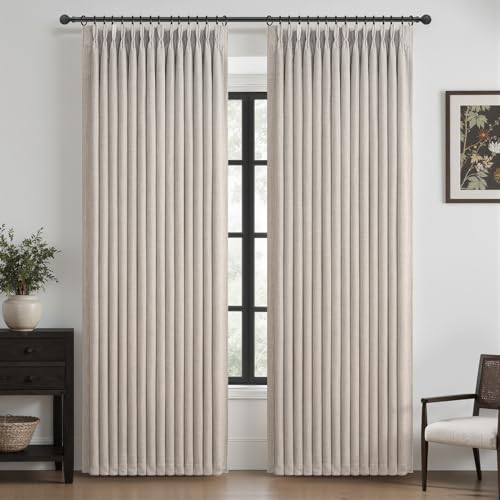 Greyish Beige Blackout Natural Linen Double Layer Heat Blocking Noise Cancelling Rustic Window Drapes for Kids Room Hook Ring