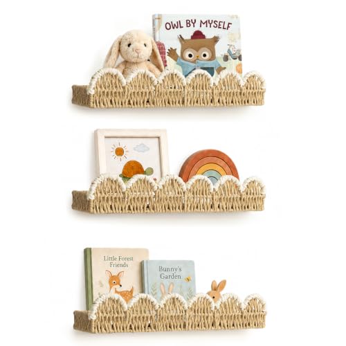 Woven Rattan Wall Shelf Beige                                                          Boho Nursery Bookshelf with Cream White Trim
