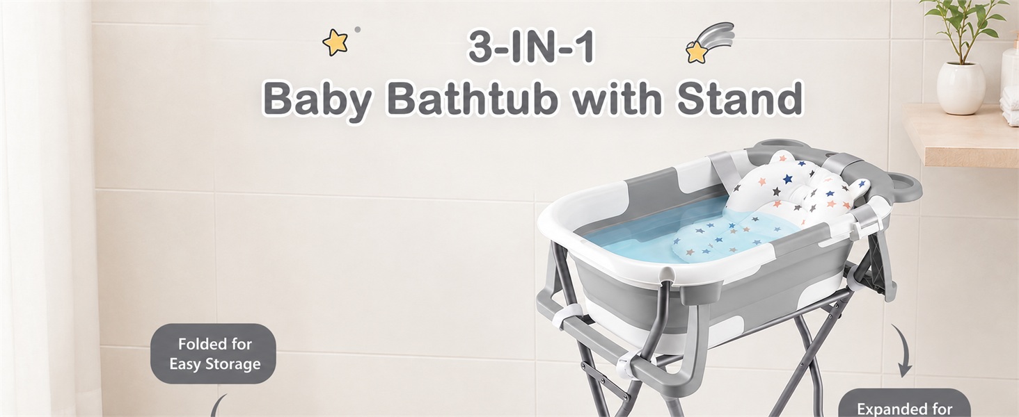 Text reads '3-IN-1 Baby Bathtub with Stand' and 'Foldable for Easy Storage'. Gray and blue collapsible infant bathing tub with folding stand frame and storage feature.