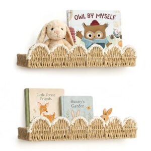 Woven Rattan Wall Shelf Beige                                                          Boho Nursery Bookshelf with Cream White Trim