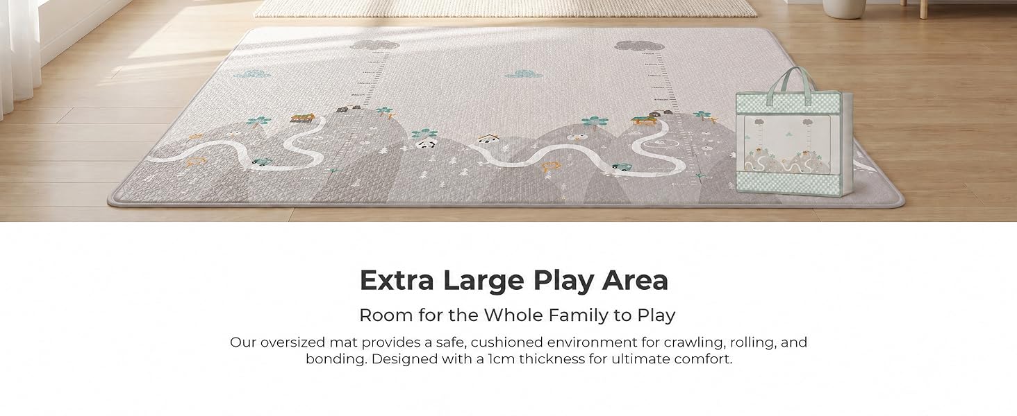Text reads 'Extra Large Play Area.' Large beige/cream colored mat or game board displayed on wooden floor.