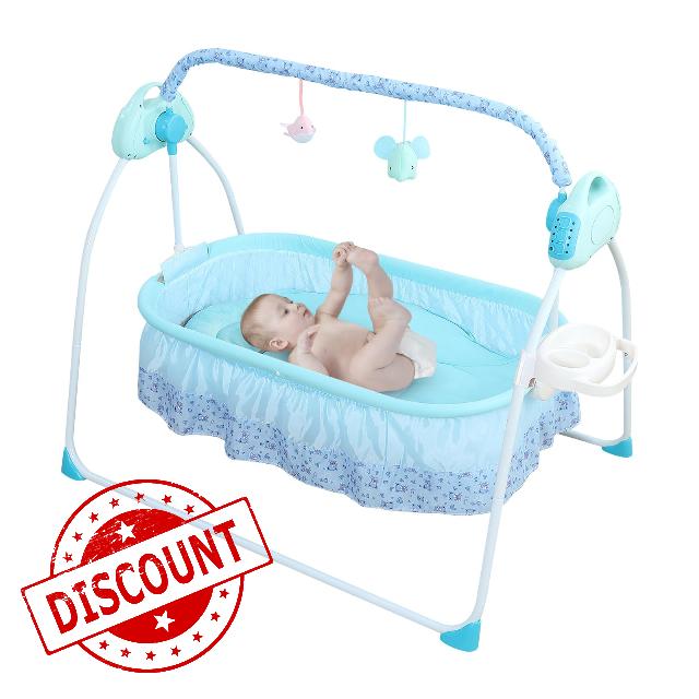 Electric Baby Cradle Swing 5 Speed Portable Foldable Baby Bassinet Bluetooth Music USB Control Cradle with Timing Function Safety Straps and Toy Rack for 0-18 Months Infants