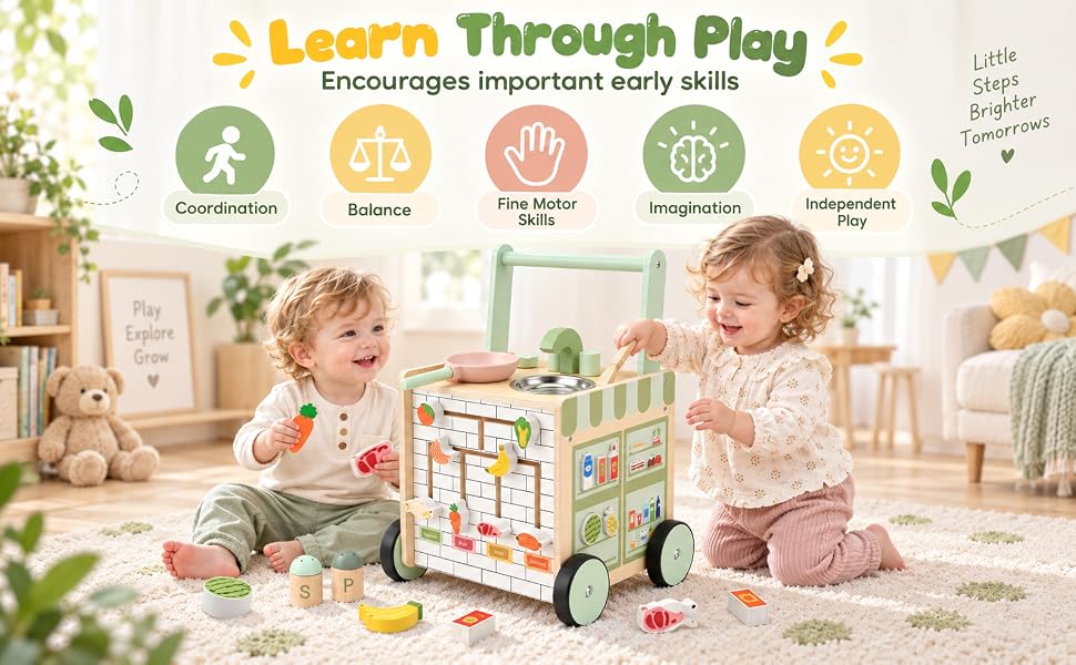 Text reads "Made for Little Hands" with subtitle "Thoughtful details for everyday play". Product image shows a wooden toy shopping cart with green and white design, multiple compartments, wheels, and play accessories displayed with feature callouts.