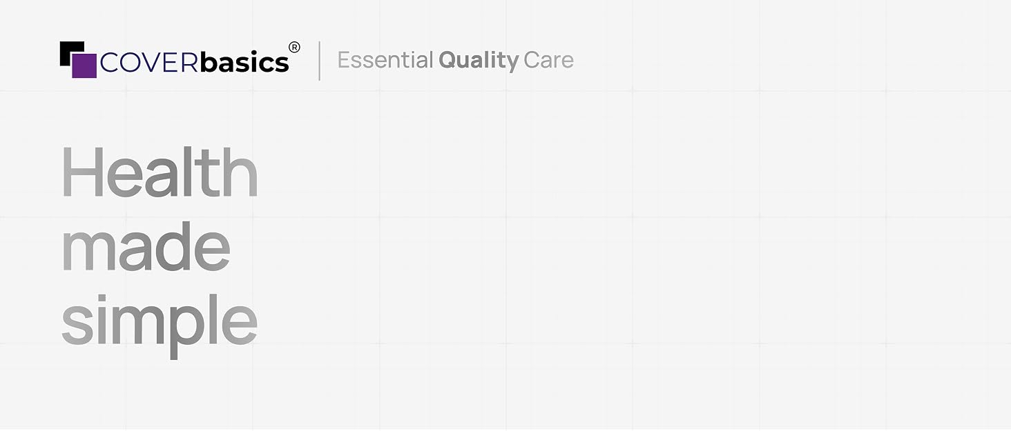 Text reads 'COVERbasics Essential Quality Care' and 'Health made simple'. Minimalist healthcare branding banner with light gray background and clean typography.