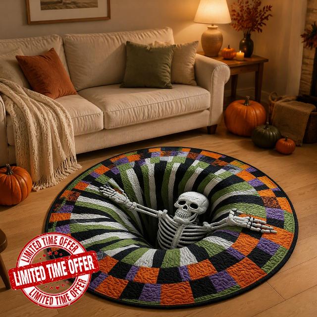 3D Skeleton Quilted Round Optical Illusion Rug | 3D Halloween Rugs Indoor 3D Rugs Optical Illusion Spooky Ghost Round Mat | Soft Non-Slip Plush Floor Mats for Halloween Home Party Deco