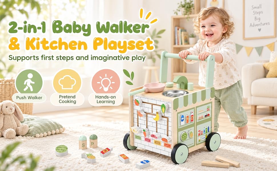 Text reads '2-in-1 Baby Walker & Kitchen Playset' with feature icons. Wooden combination baby walker and play kitchen with storage compartments, wheels, and interactive elements for infants.