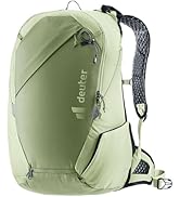 Text reads "deuter". Dark blue/gray mountaineering backpack with multiple attachment points, compression straps, padded shoulder straps, and side pockets.
