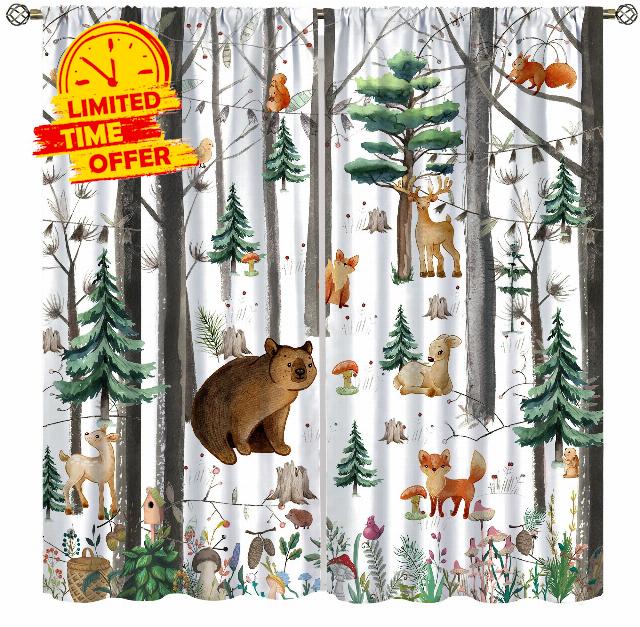 YCness Kid Forest Woodland Animal Fox Elk Bear Watercolor Print Curtains for Nursery Bedroom Living Room