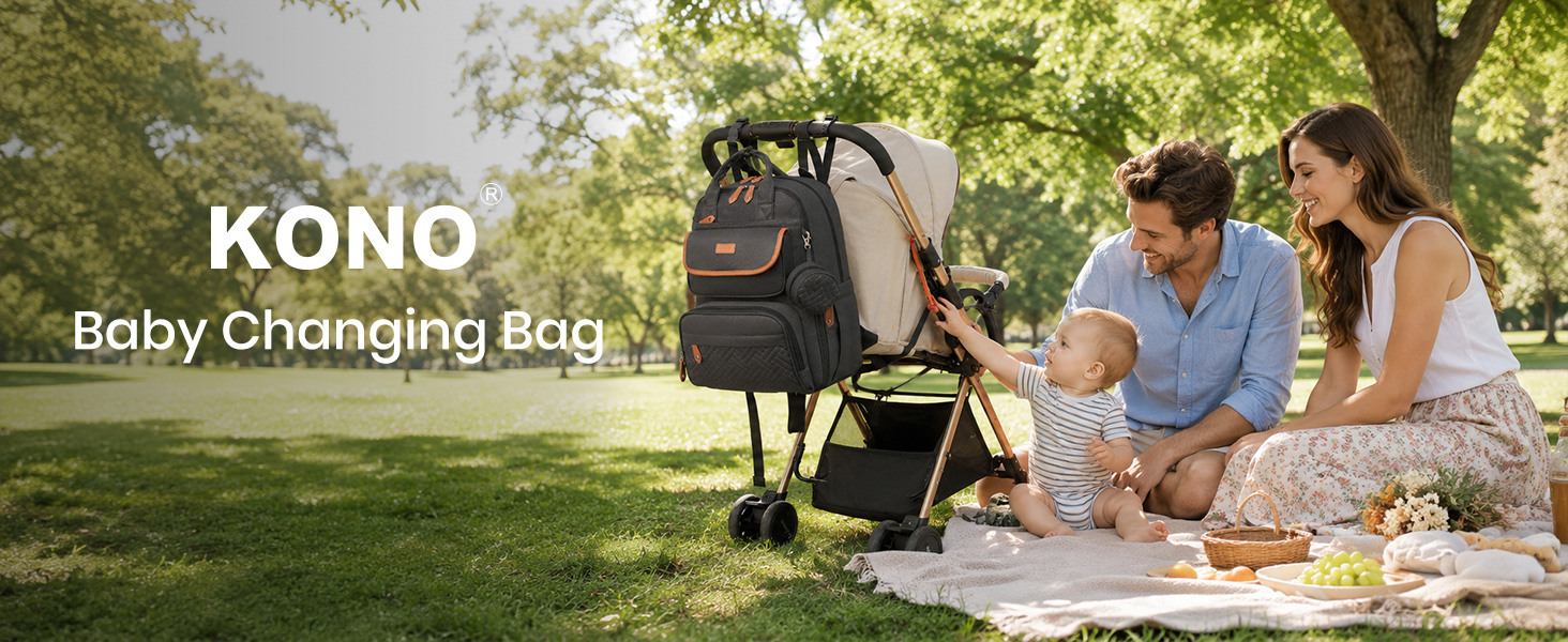 Text reads 'UONO Baby Changing Bag'. Three women with stroller on grass outdoors, examining black and yellow diaper bag with multiple compartments and accessories displayed.