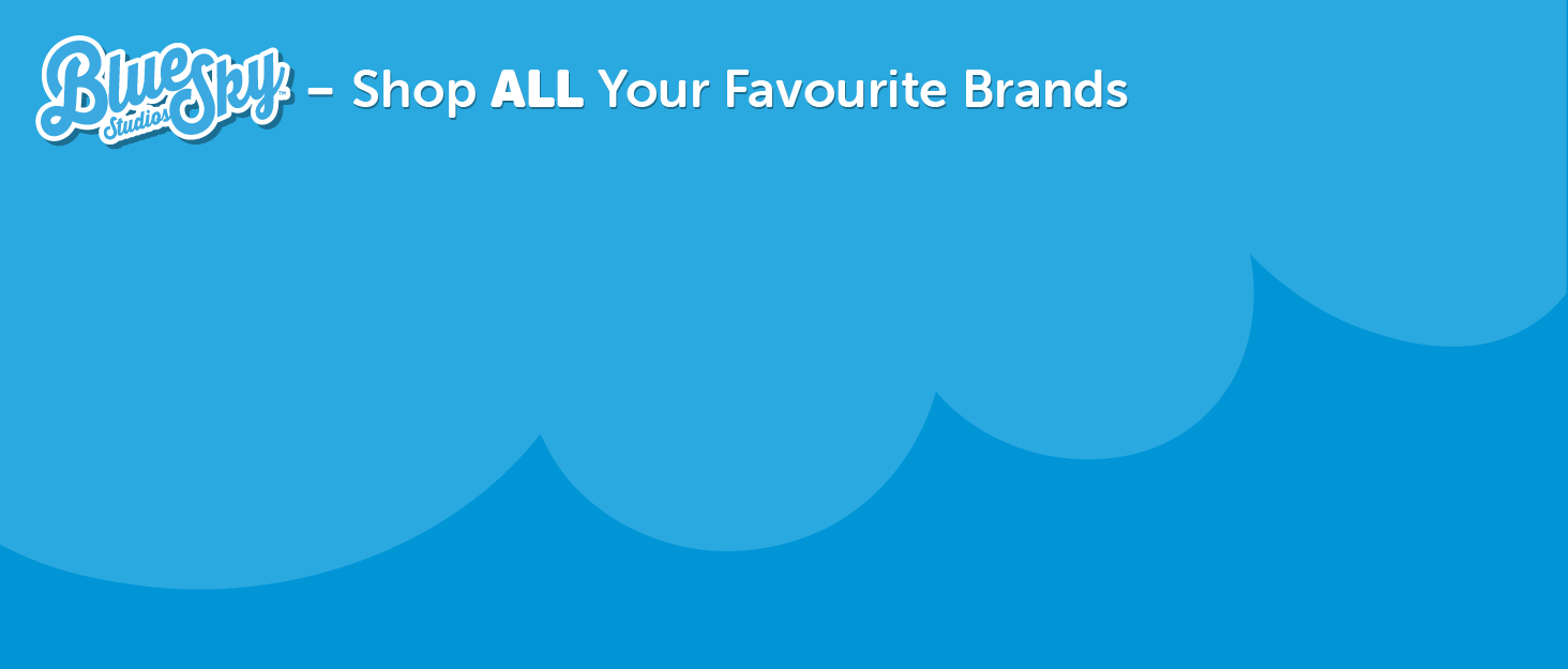 Blue banner with white cloud-like shapes at the bottom. White text reads 'Shop ALL Your Favourite Brands' with a stylized logo in the top left corner.