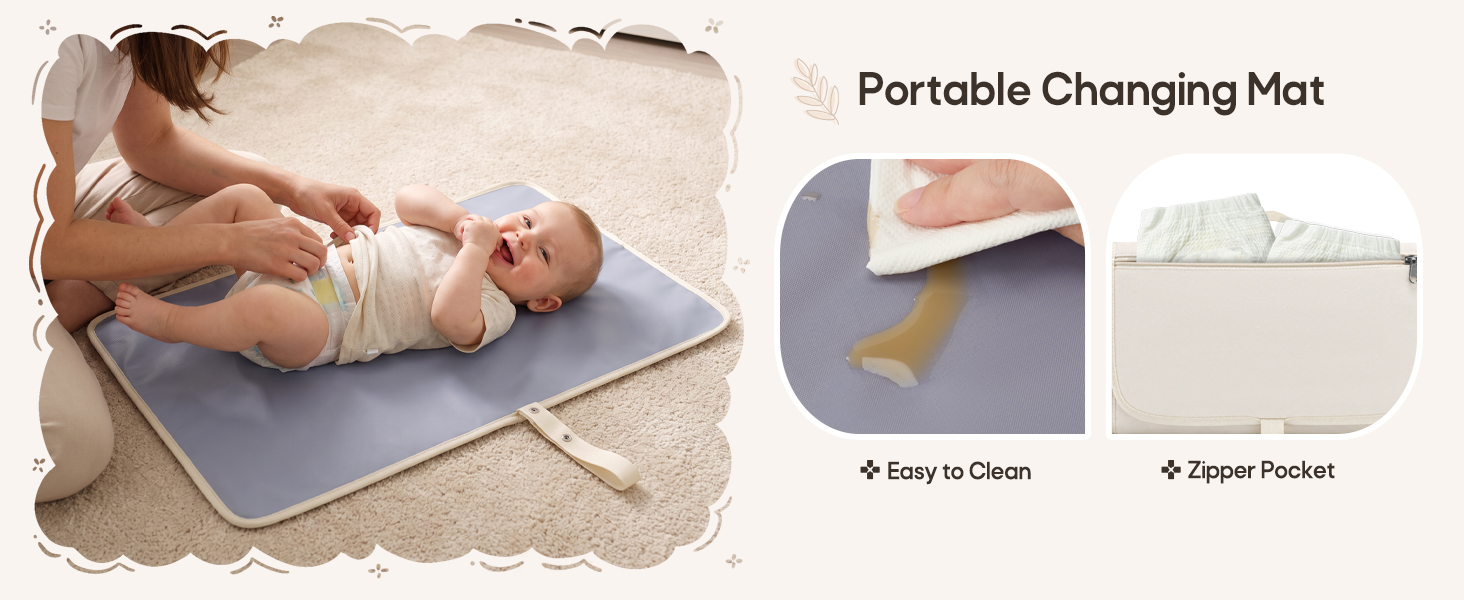 Text reads 'Portable Changing Mat', 'Easy to Clean', 'Zipper Pocket'. Portable changing mat displayed in use with infant and as folded product, featuring easy-clean surface and zippered storage pocket.