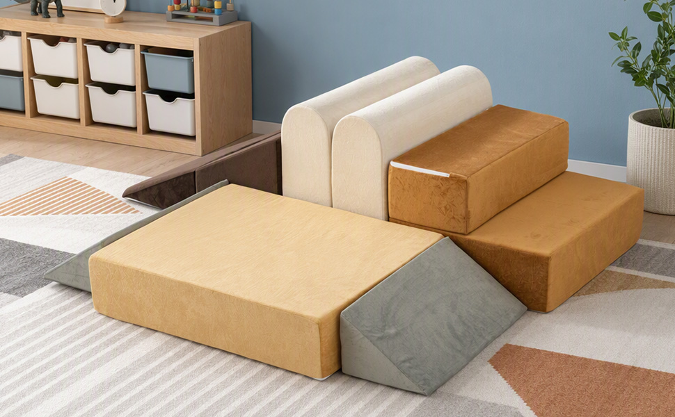 Modern sectional sofa with cream and olive-green upholstery, brown storage base compartments, wooden side table, and decorative accessories in living room setting.