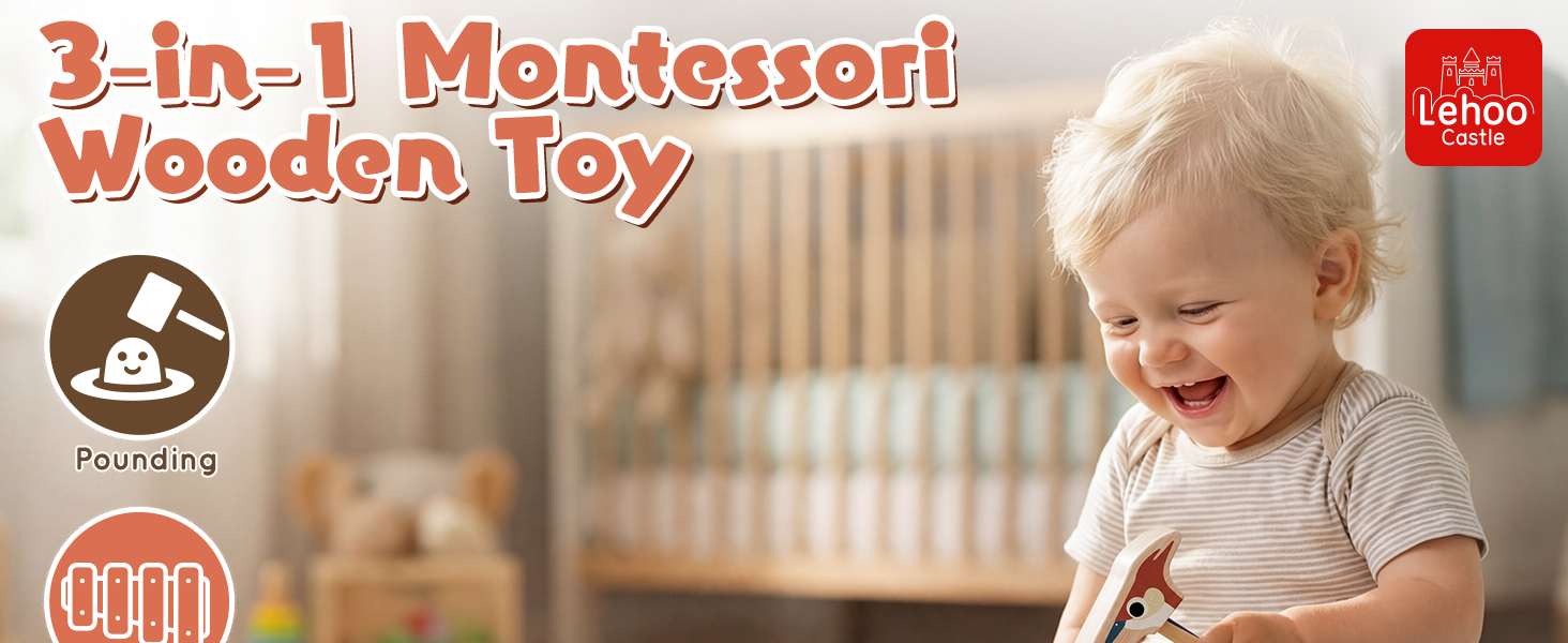 Text reads '3-in-1 Montessori Wooden Toy', 'Hape', '6 m+'. Wooden play toy with infant engaged in interactive play, designed for developmental learning for babies six months and older.