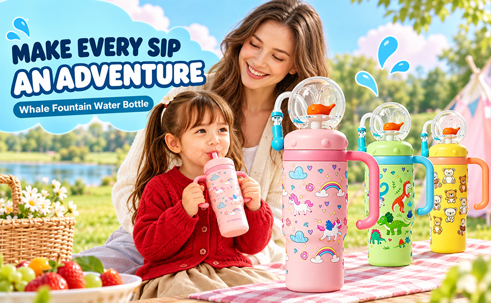 Text reads "MAKE EVERY SIP AN ADVENTURE" and "Water Fountain Water Bottle". Woman and child outdoors playing with pink portable water fountain bottle toy surrounded by colorful game props and house structures.
