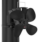 Black heat-powered stove fan mounted on black cylindrical stove pipe, designed to circulate warm air from wood-burning stove.