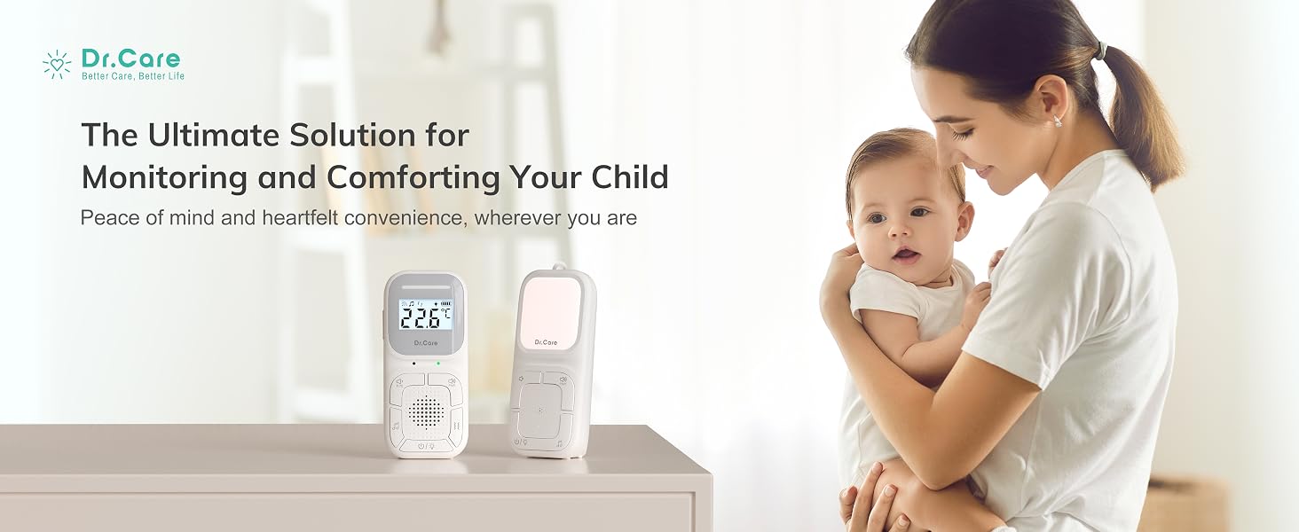 Text reads 'The smartest partner for Monitoring and Comforting Your Child'. Series of images showing baby monitoring device usage in nursery settings.