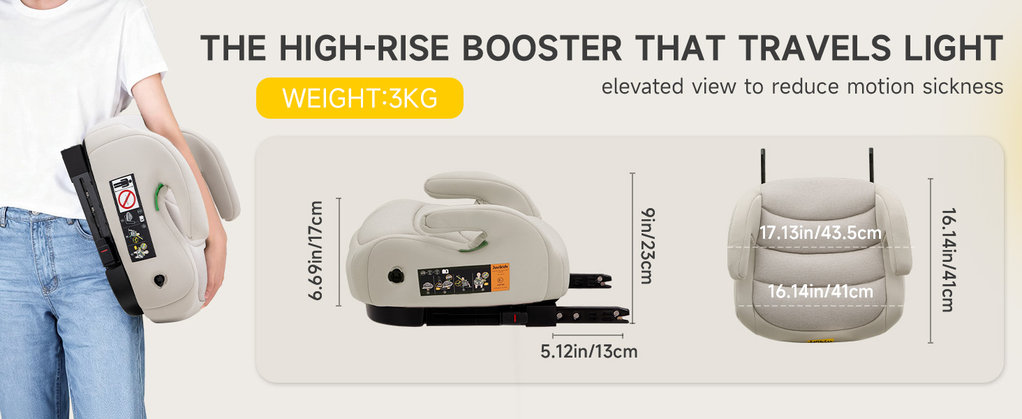 Text reads 'THE HIGH-RISE BOOSTER THAT TRAVELS LIGHT', 'WEIGHT 5KG', 'elevated view to reduce motion sickness'. Portable white and gray booster seat with dimensions 5.1cm/18cm height and expandable design displayed against blue background.