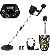 Metal detector kit with control box featuring dials and buttons, long detection pole with coil, headphones, and storage pouch with two AA batteries included.
