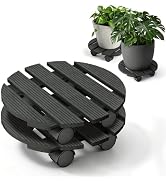Wooden plant cart on wheels with metal casters, featuring slatted dark wood platform design. Potted green plant displayed on top.