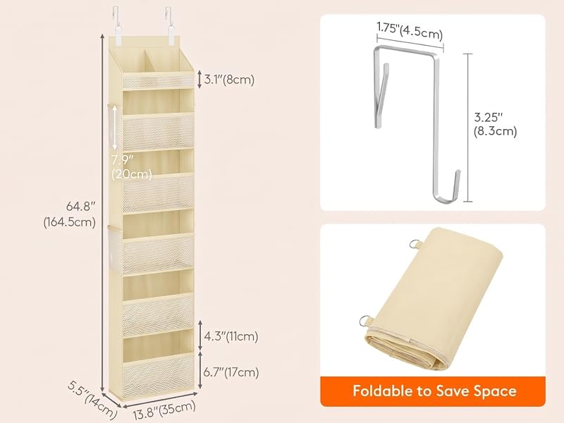 Text reads 'Foldable to Save Space'. Tall narrow storage shelf diagram showing dimensions and fold-flat design capability, with product measurements and compact storage illustration.