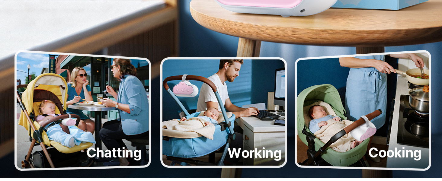 Text reads 'Suited for Different Scenarios', 'Free Your Hands and Enjoy a Moment with Your Coffee', 'Baby Rocker'. Pink baby rocker device displayed with coffee cup on wooden surface, light blue background.