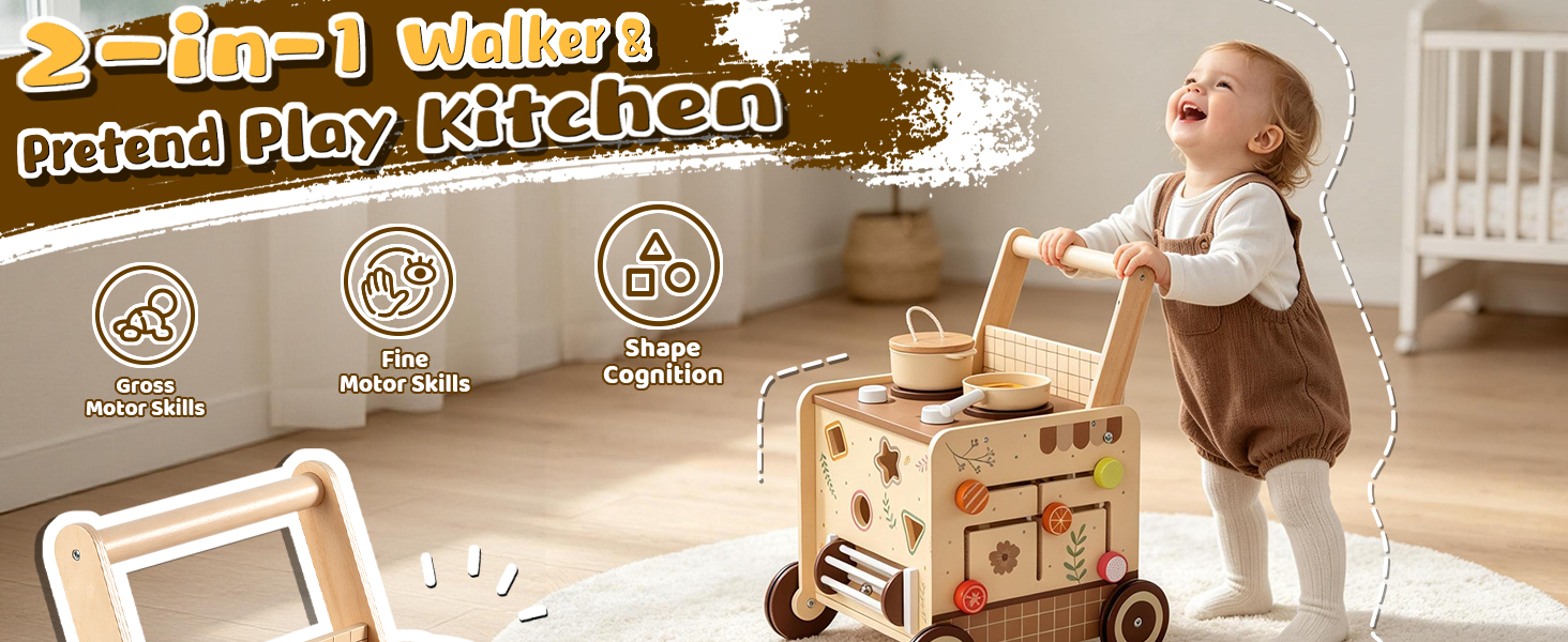 Text reads: 'Pretend Play Kitchen'. Wooden play kitchen set with toddler positioned at counter. Features cooking surface, storage, and interactive play elements designed for children's imaginative play.