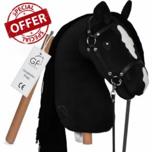 GaloppFreude® Hobby Horse Black - Large A3 Hockey Horse with Screw Rod & Bridle - Hobby Horsing Horse for Riding for Children & Stick Horse with Long Mane - Includes Horse Accessories (Black)