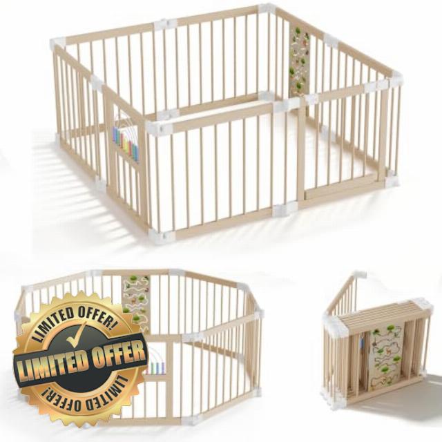 Baby Playpen Foldable Wooden Kids Play Pen Toddlers Fence                                                          Portable Large Activity Centre Play Yard with Safety Gate