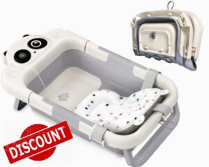 Foldable Baby Bath Tub Newborn Support Seat with Cushion & Thermometer                                                          Grey Panda Collapsible Infant Bathtub