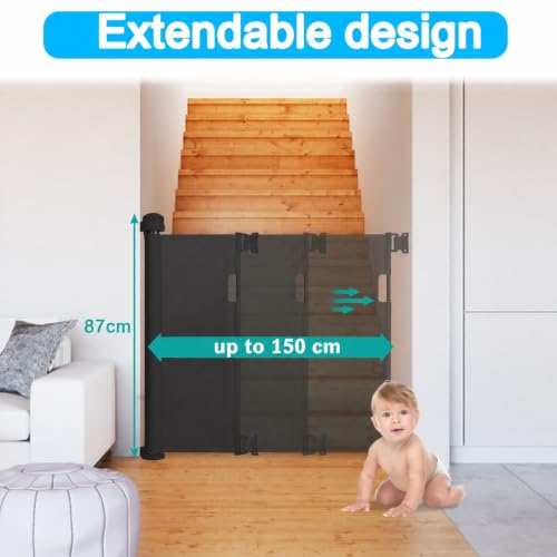 One-Handed for Stairs Black Retractable Dog Gate & Safety Gate for Toddlers