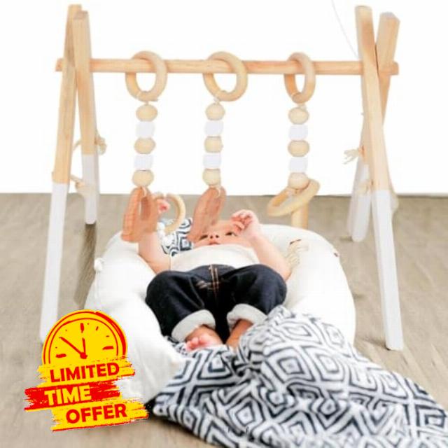 Foldable Wooden Baby Play Gym Frame with Hanging Toys                                                          Natural Pine