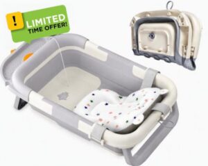 Foldable Baby Bath Tub Newborn Support Seat with Cushion & Thermometer                                                          Collapsible Infant Bathtub with Digital Display