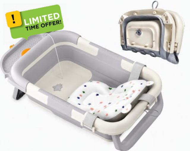 Foldable Baby Bath Tub Newborn Support Seat with Cushion & Thermometer                                                          Collapsible Infant Bathtub with Digital Display
