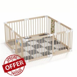 Wooden Baby Playpen Extra Large Natural 8-Panel with Play Mat for Lounge                                                          Natural Wood Playpen for Baby with Anti-Slip Suction Cups Foldable Design 25 Play Mats Included for Nursery Bedroom Playroom