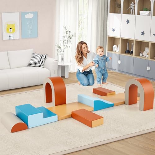 10-Piece Kids Foam Climbing Blocks (Brown) Toddlers Lightweight Activity Play Equipment for 1+ Years Old