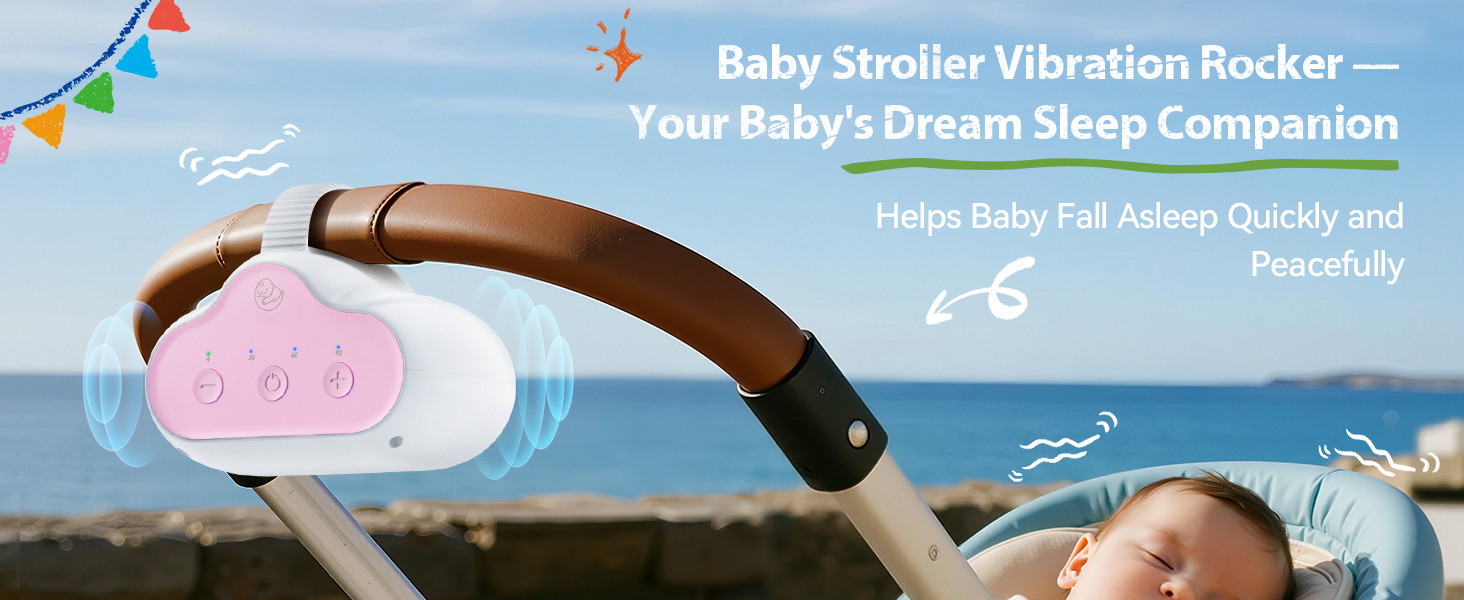 Text reads 'Baby stroller Vibration Rocker — Help Baby's Dream Sleep Sweeter and New Baby Fall Asleep Quickly and Safely'. Woman using brown rocking device with pink fabric.