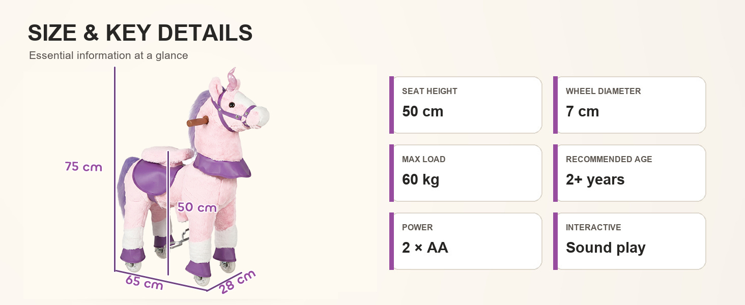 Text reads "SIZE & KEY DETAILS" with purple unicorn plush toy illustration and specifications including size measurements (52 cm), weight (450 g), age range (2+ years), and care instructions (Round play).