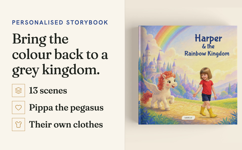Text reads 'PERSONALISED STORYBOOK', 'Bring the colour back to a grey kingdom.', '13 scenes', 'Pippa the pegasus', 'Their own clothes'. Harper illustrated children's book shown with colorful cover featuring child character.
