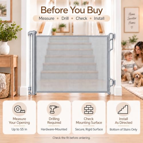 Grey Hardware-mounted mesh gate with baseboard-friendly brackets for doorways