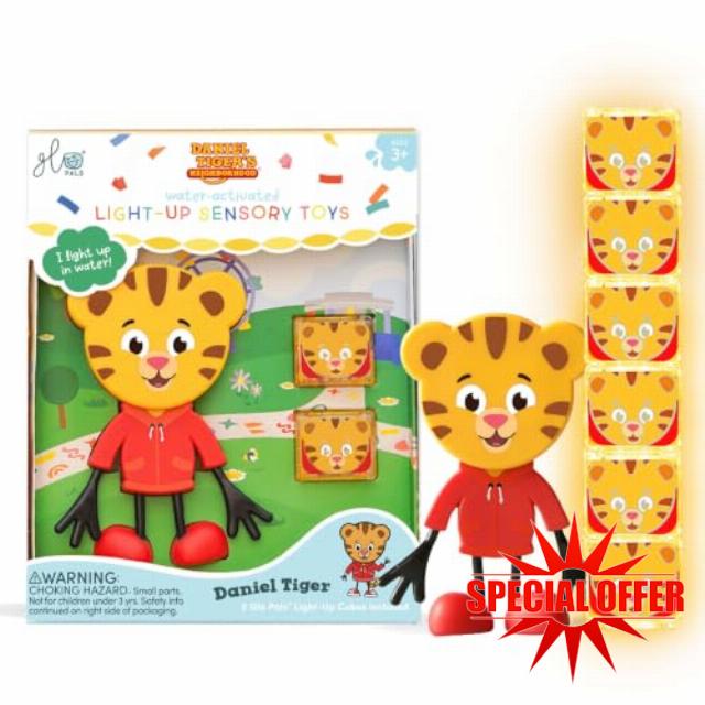 Glo Pals x Daniel Tiger's Neighborhood Water-Activated Bath Toy with 6 Reusable Light-Up Cubes for Sensory Play