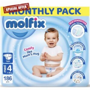 Molfix Baby Nappies Size 4 Maxi Monthly Pack – 186 Nappies – Ultra Soft