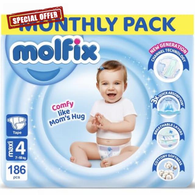 Molfix Baby Nappies Size 4 Maxi Monthly Pack – 186 Nappies – Ultra Soft