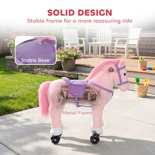 Pink Ride On Pony Toy with Rolling Wheels and Pedal for Kids 3-7 Years