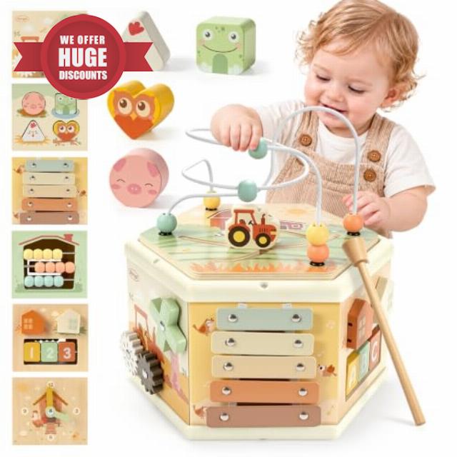 Wooden Activity Cube 10-in-1 Montessori Toy for 1 Year Old