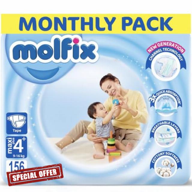 Molfix Baby Nappies Size 4+ Maxi Plus Monthly Pack – 156 Nappies                                                          12-Hour Dryness Protection