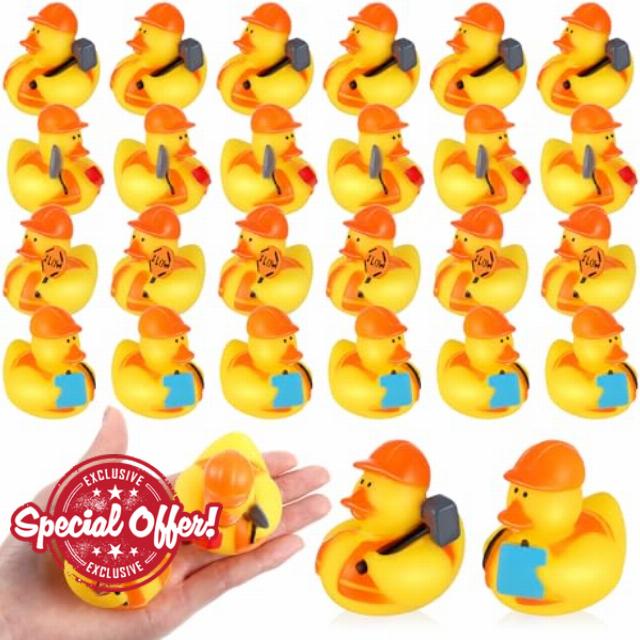 DEEKIN 50 Pcs Construction Mini Rubber Ducks 4 Styles Orange Hat Rubber Duckies Bulk Cool Bath Tub Pool Duck Bath Toy for Car Birthday Party Favors Swimming Gifts Decoratio