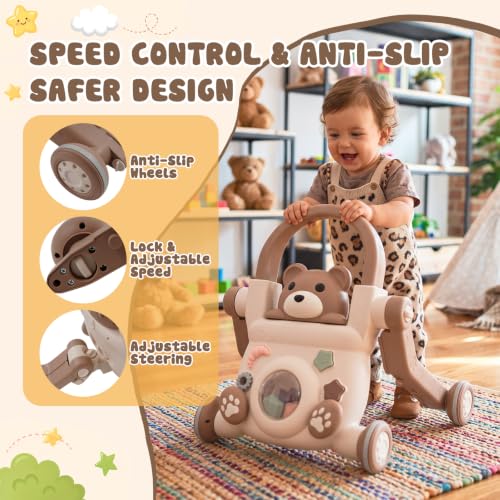 Activity Center Steerable Baby Walker Push Toys Speed&Hight Adjustable Walkers,Brow
